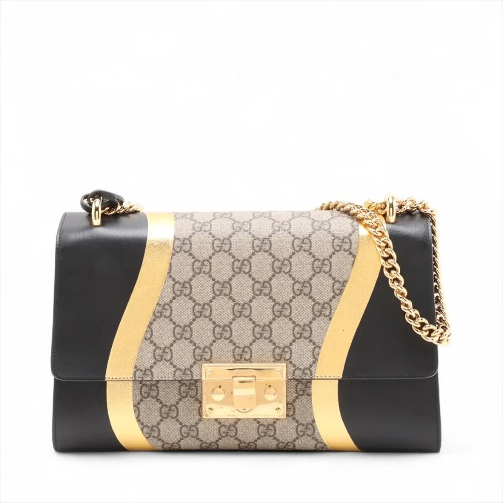 Gucci GG Supreme Padlock PVCx leather Chain Shoulder Bag Black x beige x gold 43